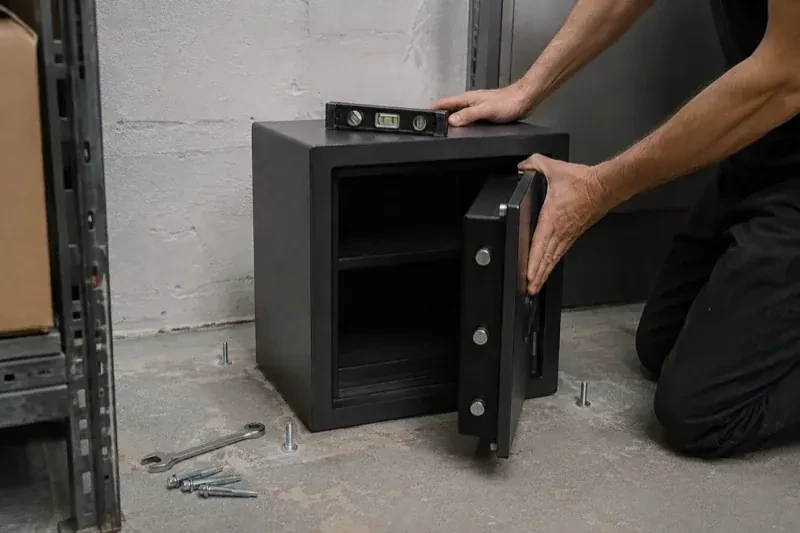 Person kneeling beside an open black safe with a spirit level on top and loose bolts and a wrench on the concrete floor. — Safe Installation & Servicing, Fruitland