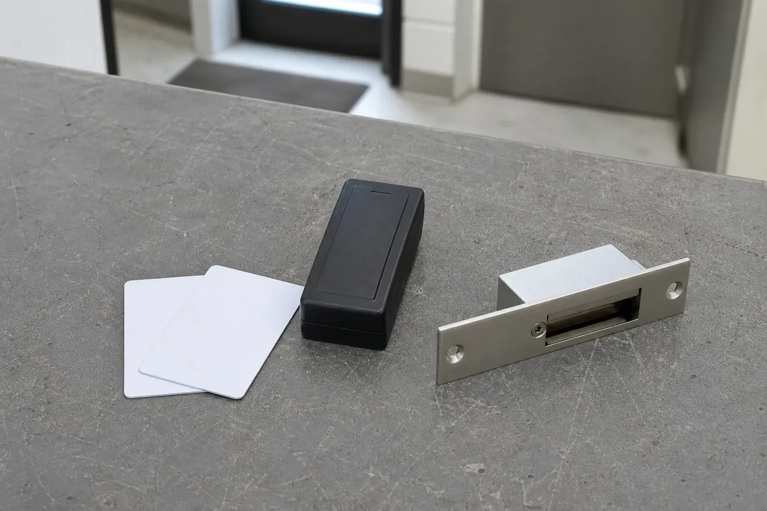 Detached card reader, two plain cards and an electric-strike component on a service bench. — Access Control Installation, Hamilton