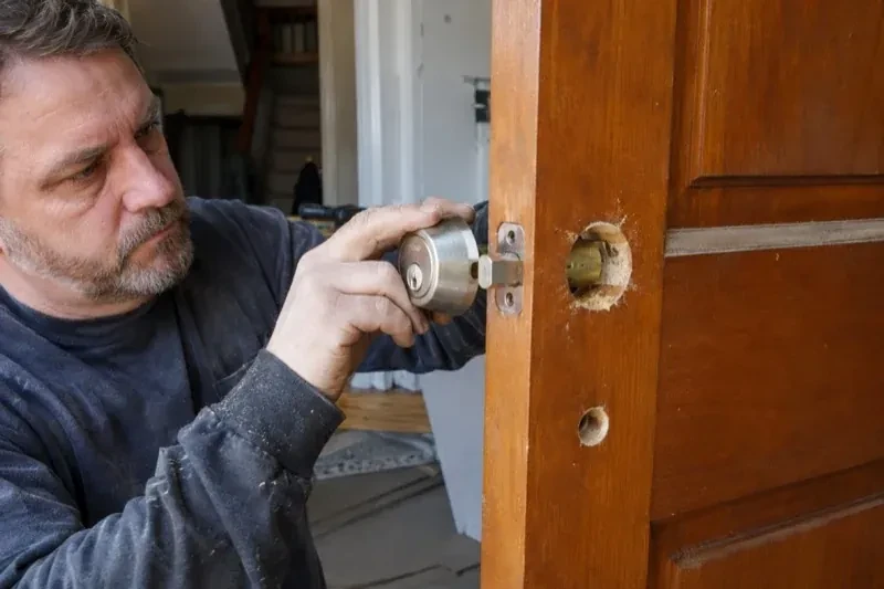 Person holding a silver-colored lock beside an open wooden door with exposed circular holes and a latch at its edge. — Deadbolt Installation, Hamilton