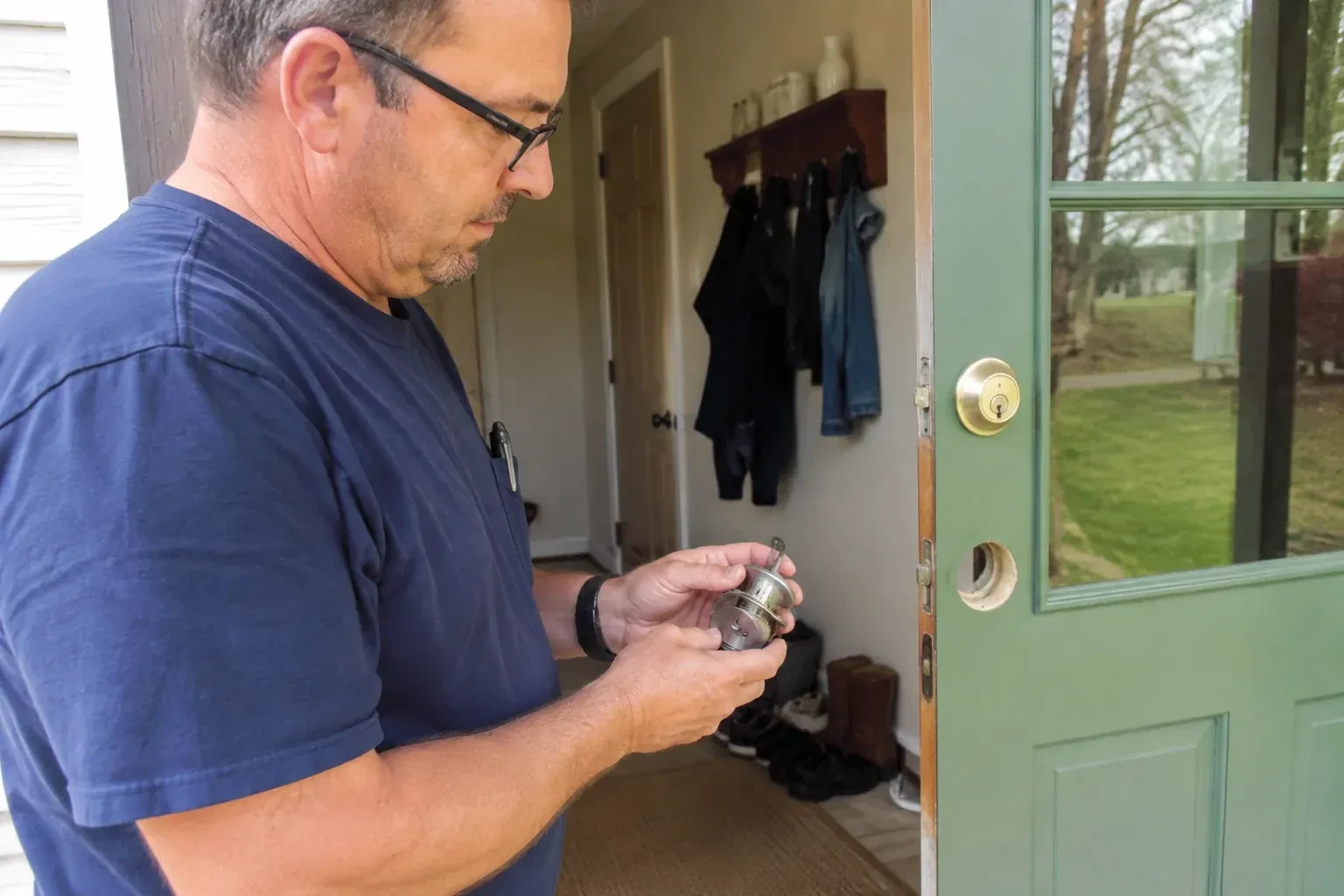 Person holding a cylindrical door-lock assembly beside an open green glazed door with its lower lock opening exposed. — Seized & Jammed Lock Opening, Hamilton