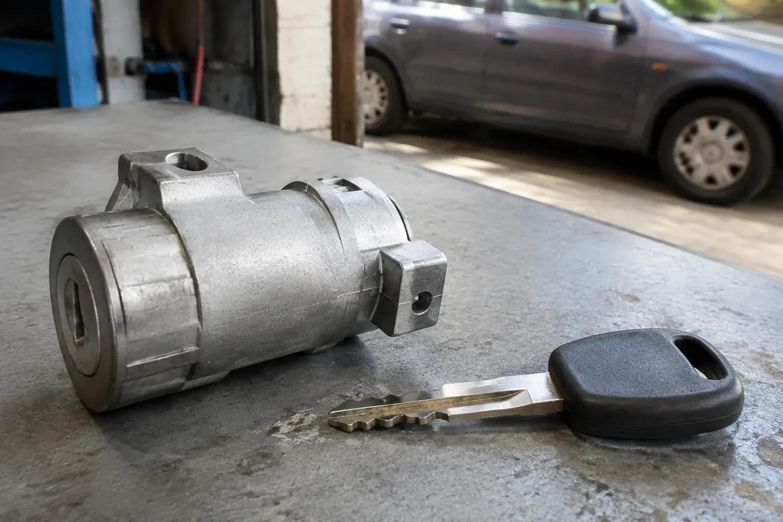 Detached cylindrical lock housing and black-headed key on an automotive workbench. — Ignition Lock Repair, Hamilton