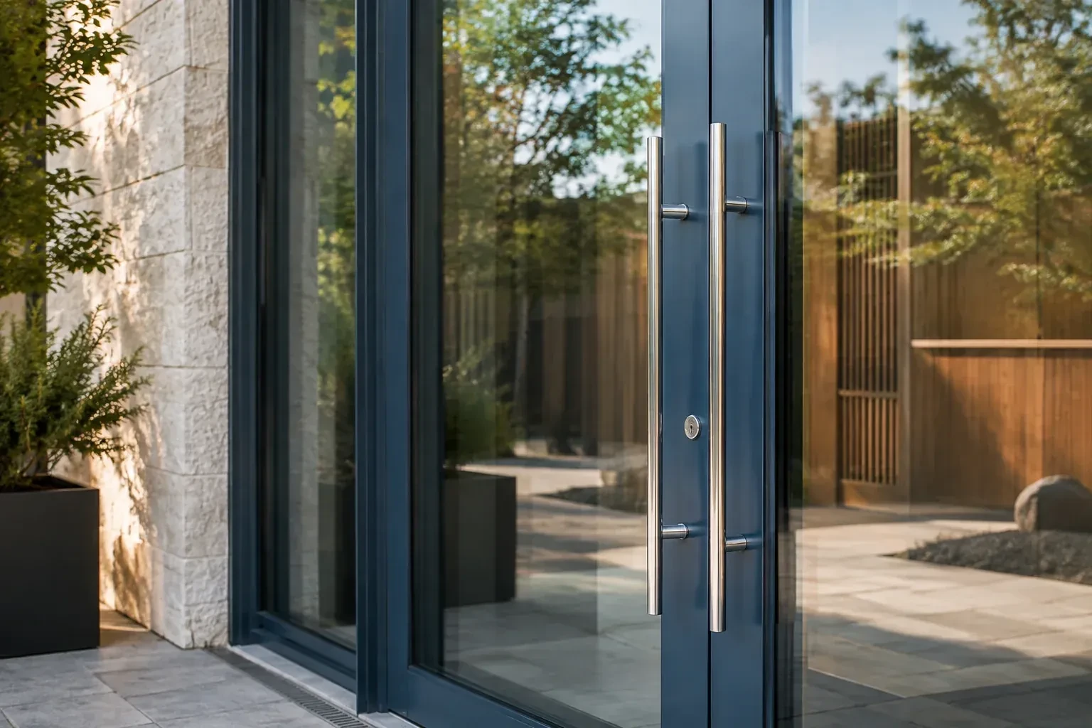 Dark-framed glass entrance doors with long silver-colored vertical pull handles and a round keyhole. — Business Lockout Service, Hamilton