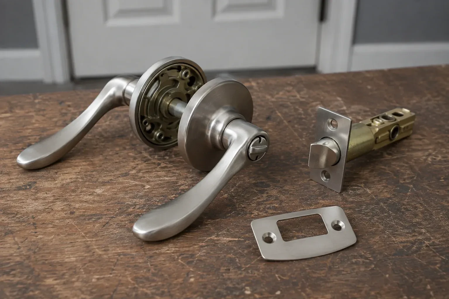 Detached satin-nickel lever hardware, tubular latch and strike plate on a wooden workbench. — Lock Replacement & Upgrade, Hamilton