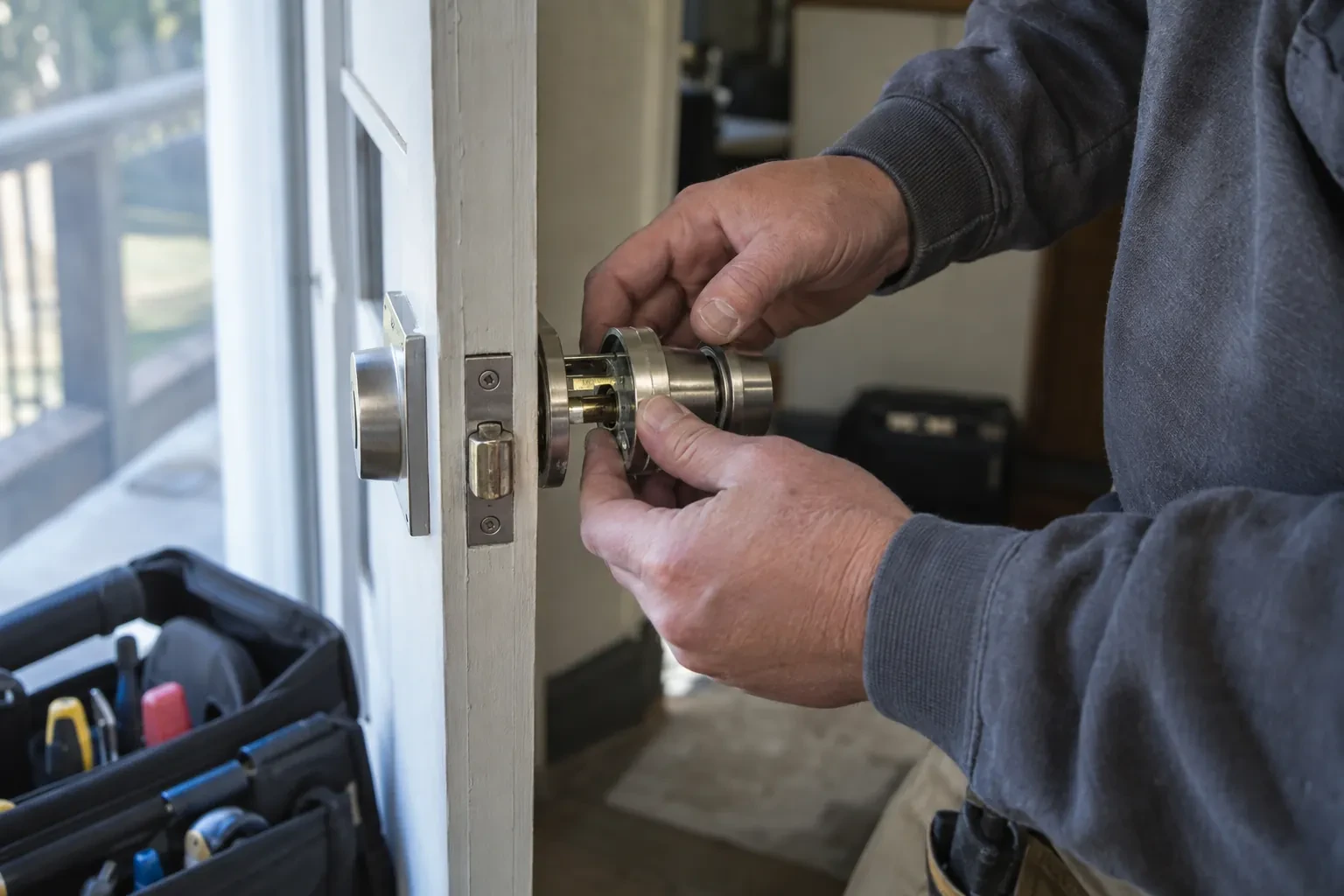 Hands holding a disassembled steel knob at the latch edge of a white door beside a deadbolt and an open tool bag. — Cherry Heights