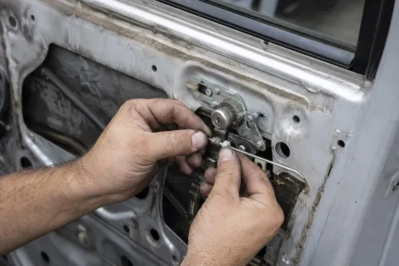 Hands holding a small linkage beside an exposed car-door lock mechanism with the interior trim removed. — Vehicle Lock Repair, Cherry Heights