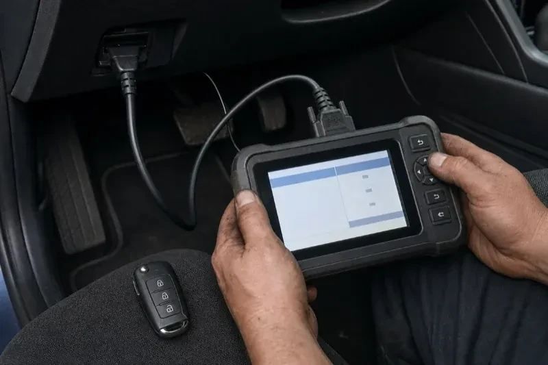 Hands holding a diagnostic tablet connected beneath a car dashboard, with a key fob resting on the person’s leg. — Key Fob Programming, Hamilton