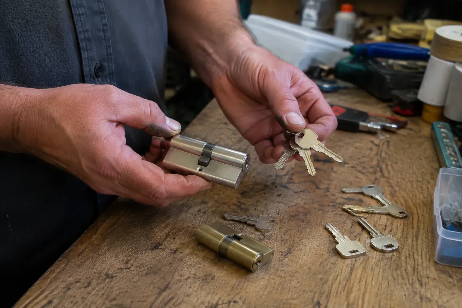Hands holding a lock cylinder and a ring of keys above a worn workbench with another cylinder and loose keys. — Lock Rekeying, Hamilton
