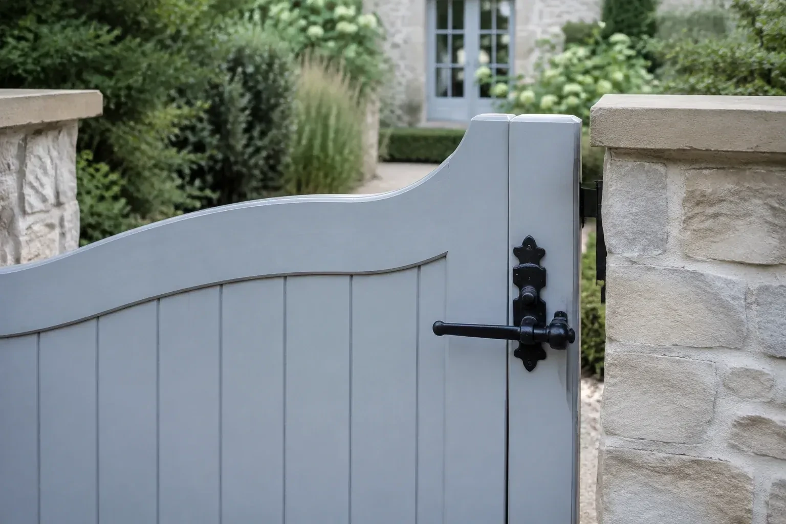 Pale blue garden gate with a black lever latch between light stone pillars. — Gate & Building Entry Locks, Hamilton