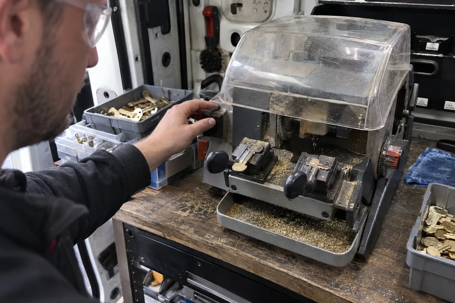 Person in safety glasses reaching for a key-cutting machine with a clear cover, beside trays of brass key blanks. — Spare Car Key Duplication, Hamilton