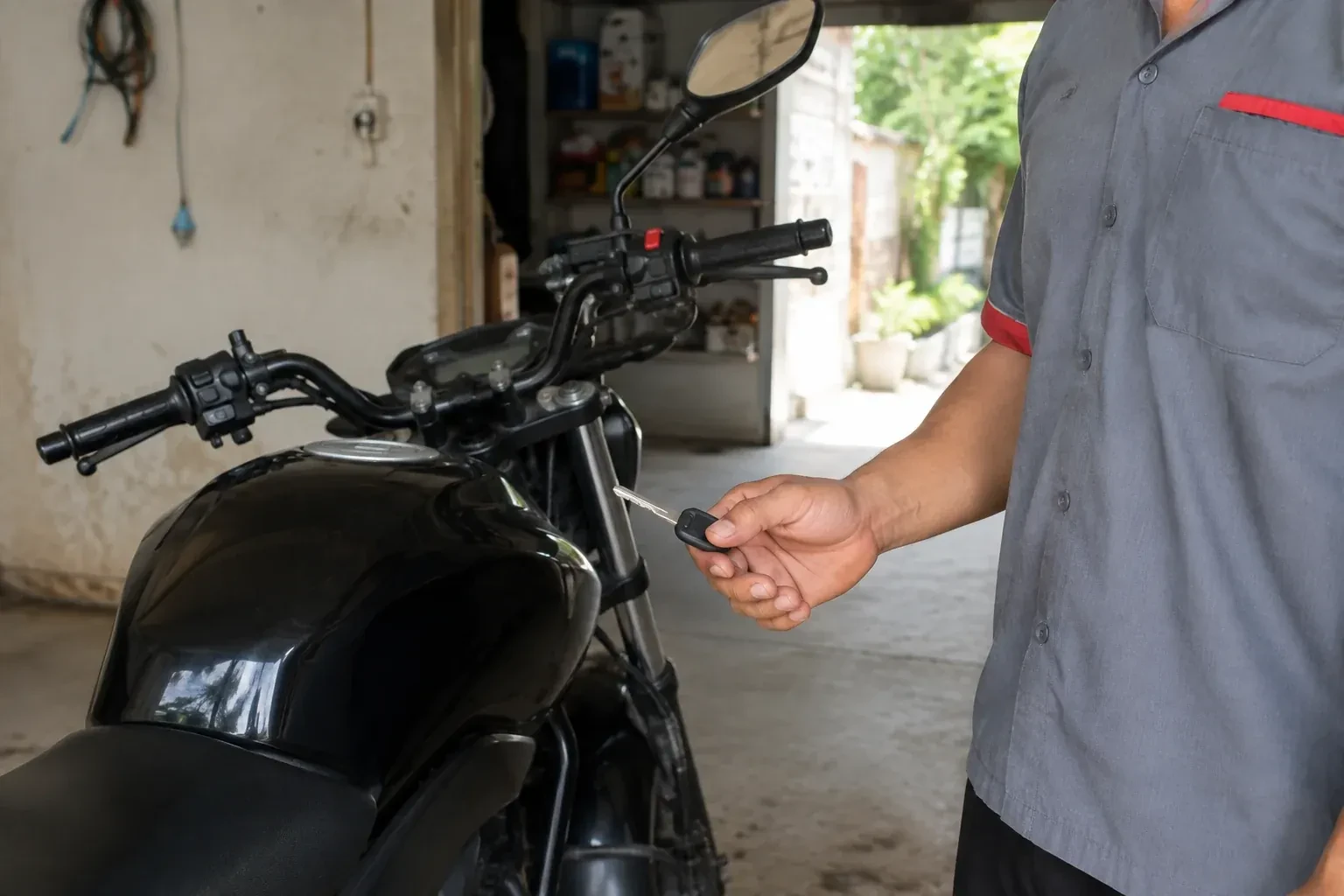 Technician holding a black-headed key beside a parked motorcycle. — Motorcycle & Scooter Keys, Fruitland