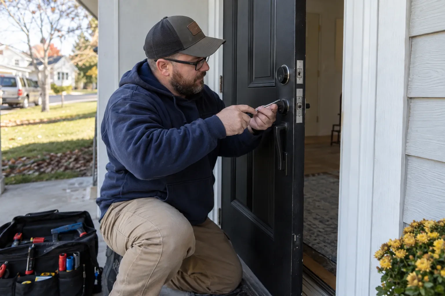 Kneeling technician using a small tool at the handle set of a black door, with an open tool bag and yellow flowers. — Fruitland