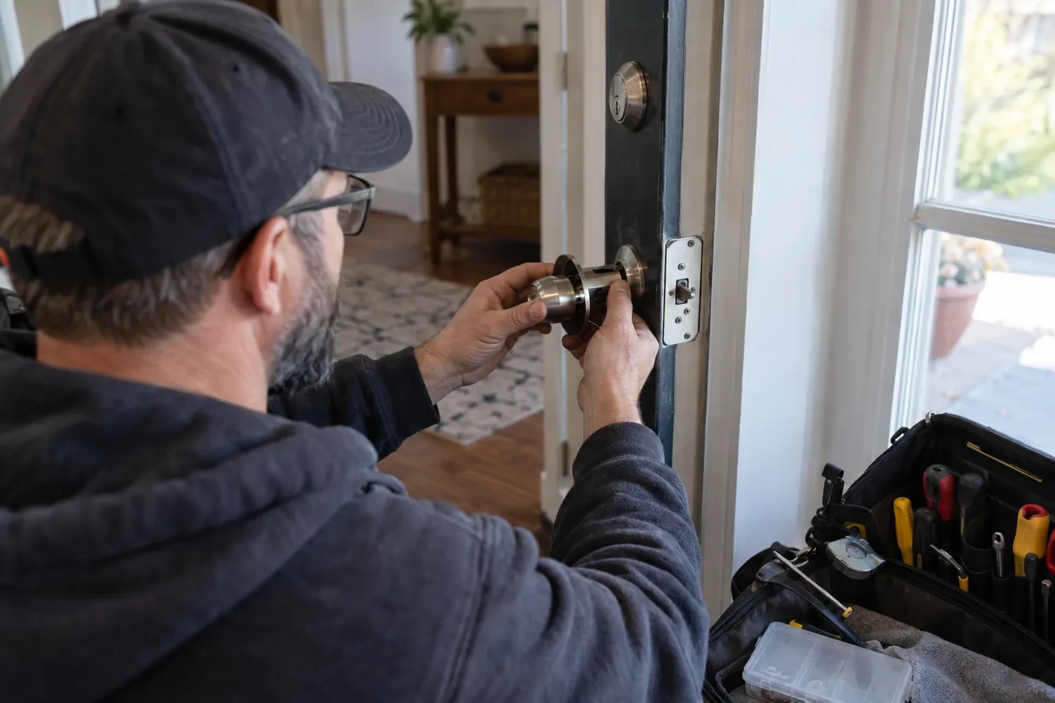 Technician fitting a steel door knob into a door beside a deadbolt, with an open tool bag of screwdrivers nearby. — Cherry Heights